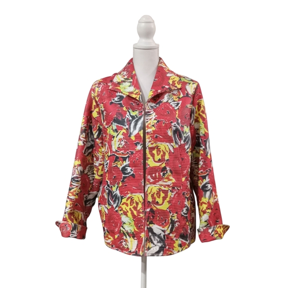 SARA ISABELLA OPEN FRONT FLORAL JACKET XL VGC RED; BLK. YELLOW AND WHITE - Picture 2 of 10